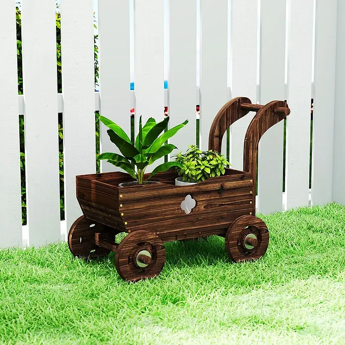 Outsunny Hochbeet - Holz, Braun - Dekorativer dunkelbrauner Pflanzenwagen aus Holz mit Rädern und Griffen, der zwei Topfpflanzen hält.