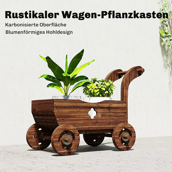 Outsunny Hochbeet - Holz, Braun - Rustikaler hölzerner Wagen-Pflanzkasten mit karbonisierter Oberfläche und blumenförmigem Hohlmuster, gefüllt mit zwei Topfpflanzen.