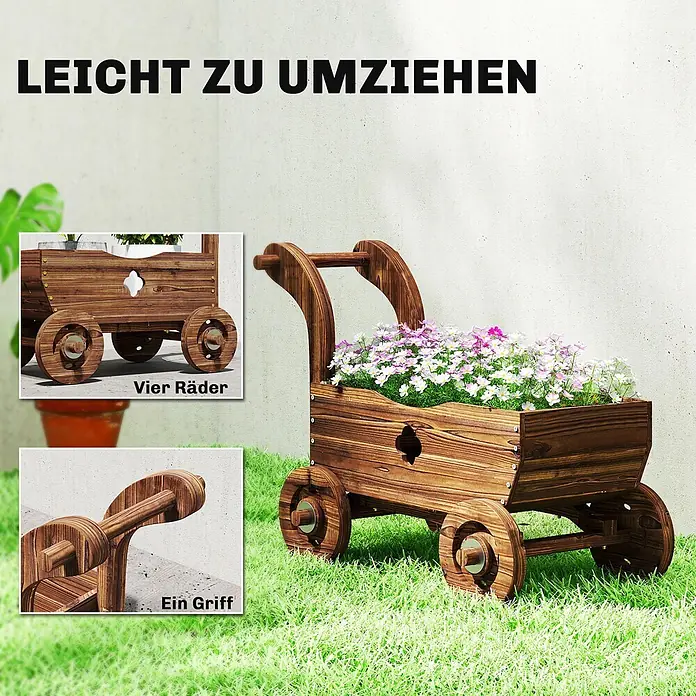 Outsunny Hochbeet - Holz, Braun - Brauner Blumenkübelwagen aus Holz mit vier Rädern und Griff, gefüllt mit bunten Blumen, leicht zu bewegen.