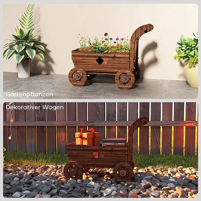 Outsunny Hochbeet - Holz, Braun - Dunkelbrauner, dekorativer Holzwagen, nutzbar als Blumenkübel für Gartenpflanzen oder Halter für Dekoartikel.
