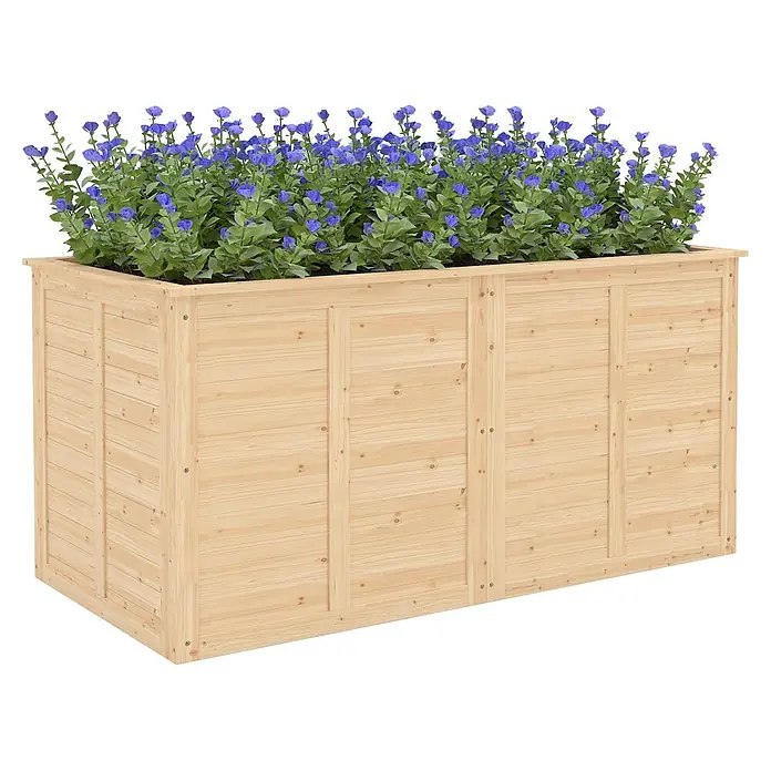 Outsunny Hochbeet - 152 x 77 x 77 cm, Holz, Naturholz - Rechteckiger Pflanzkasten aus Naturholz mit leuchtend blauen Blumen.