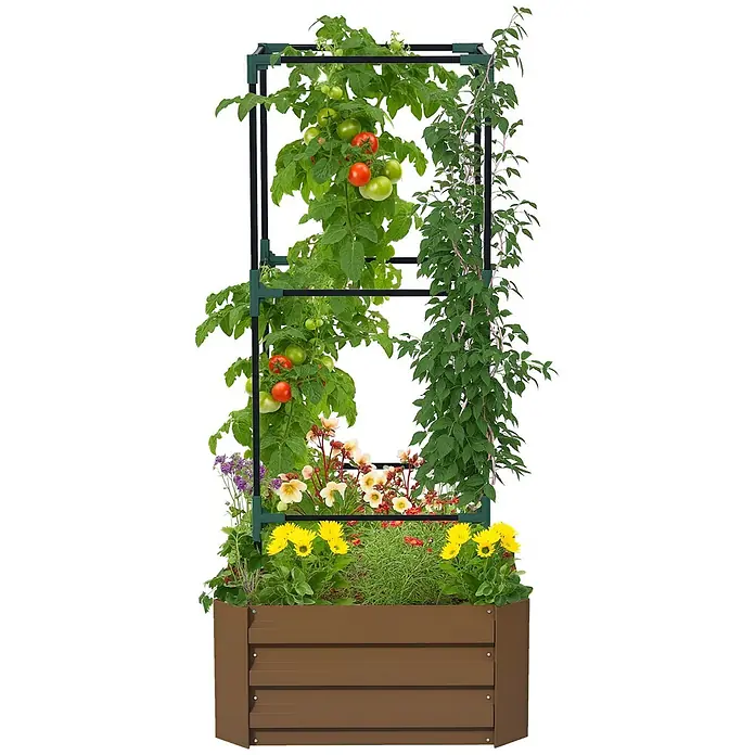 Outsunny Hochbeet - 61 x 61 x 140 cm, Stahl, Braun - Braunes Hochbeet mit einem grünen und schwarzen Rankgitter, bepflanzt mit Tomaten, Kletterpflanzen und Blumen.