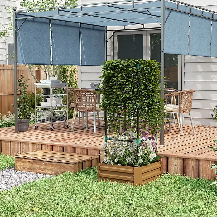 Outsunny Hochbeet - 61 x 61 x 140 cm, Stahl, Braun - Pergola mit grauem Metallrahmen und blauen, ausziehbaren Stoffrollos auf einer Holzterrasse, spendet Schatten für einen Essbereich im Freien.