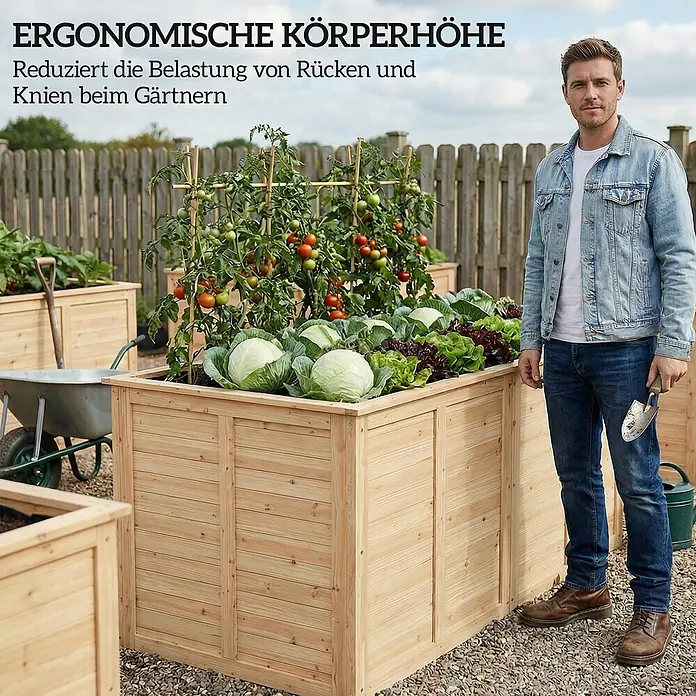 Outsunny Hochbeet - 152 x 77 x 77 cm, Holz, Naturholz - Mann steht neben einem hohen Hochbeet aus Naturholz, gefüllt mit Gemüse, was seine ergonomische Arbeitshöhe beim Gärtnern zeigt.