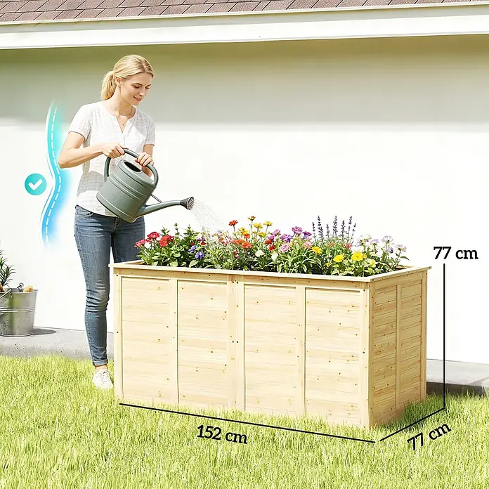 Outsunny Hochbeet - 152 x 77 x 77 cm, Holz, Naturholz - Hochbeet aus Naturholz, 152x77x77 cm, gefüllt mit bunten Blumen, von einer Frau gegossen.