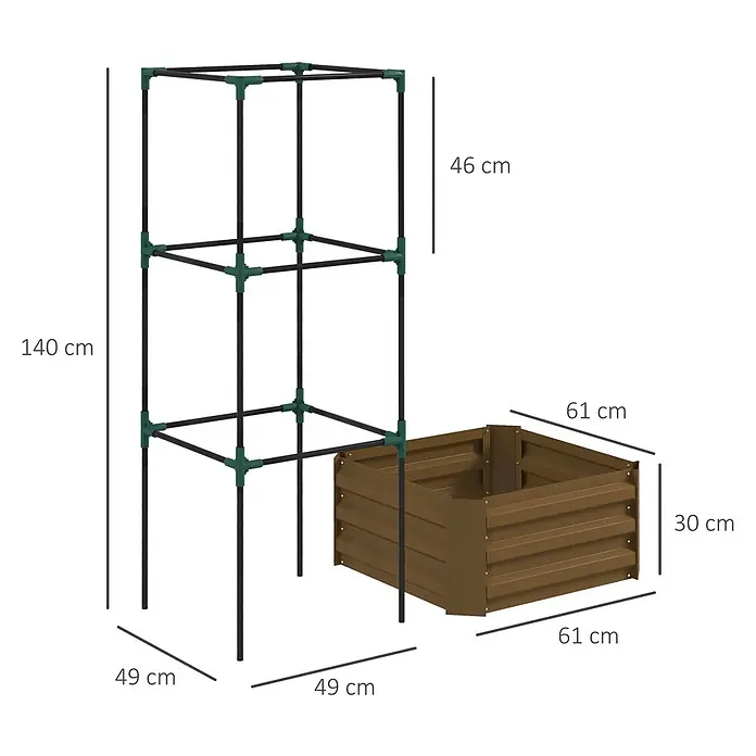 Outsunny Hochbeet - 61 x 61 x 140 cm, Stahl, Braun - Braunes gewelltes Metall-Hochbeet mit schwarzem und grünem Rankgitter.