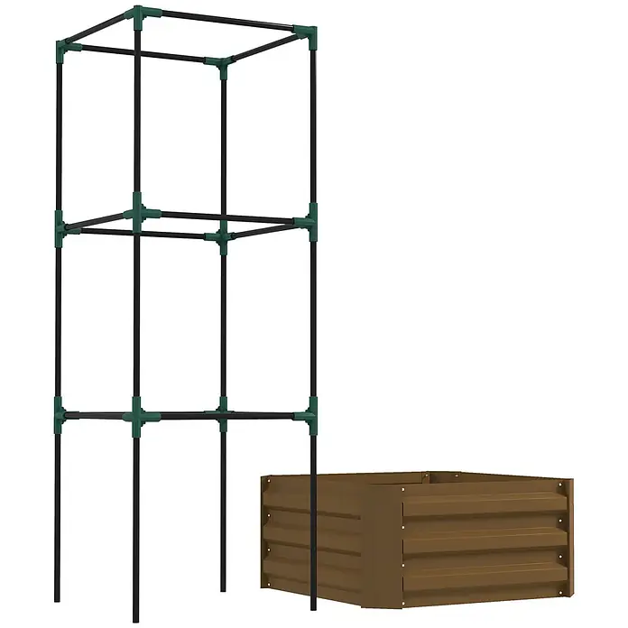 Outsunny Hochbeet - 61 x 61 x 140 cm, Stahl, Braun - Braunes Hochbeet aus Metall und schwarz-grünes Rankgitter.
