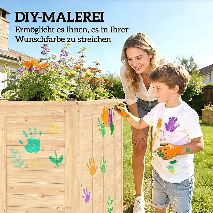 Outsunny Hochbeet - 152 x 77 x 77 cm, Holz, Naturholz - Holz-Hochbeet wird von einem Kind bemalt, was seine DIY-Anpassungsfunktion zeigt.