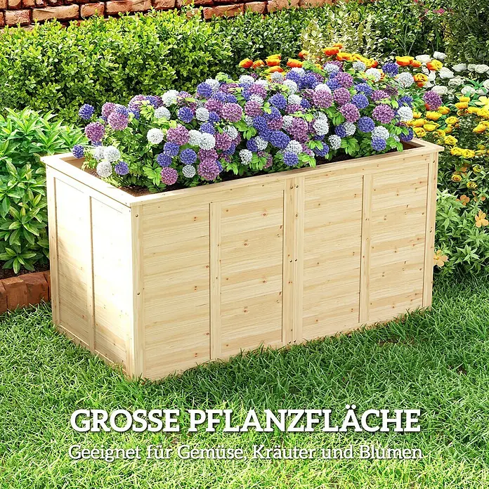 Outsunny Hochbeet - 152 x 77 x 77 cm, Holz, Naturholz - Langes Holz-Pflanzgefäß, gefüllt mit bunten Blumen, im Garten.