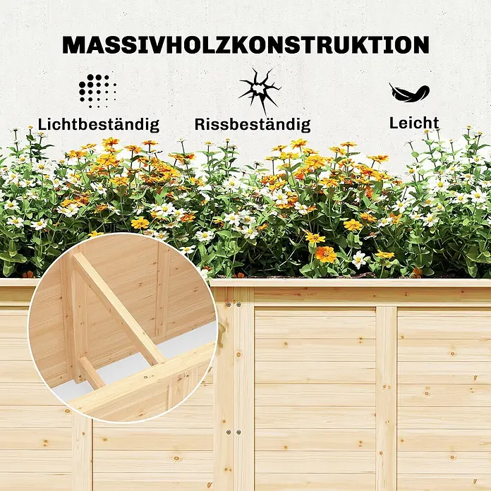 Outsunny Hochbeet - 152 x 77 x 77 cm, Holz, Naturholz - Robuster Massivholz-Pflanzkasten in Naturholzoptik, gefüllt mit Blumen. Hervorhebung von Licht-, Rissbeständigkeit und Leichtigkeit.