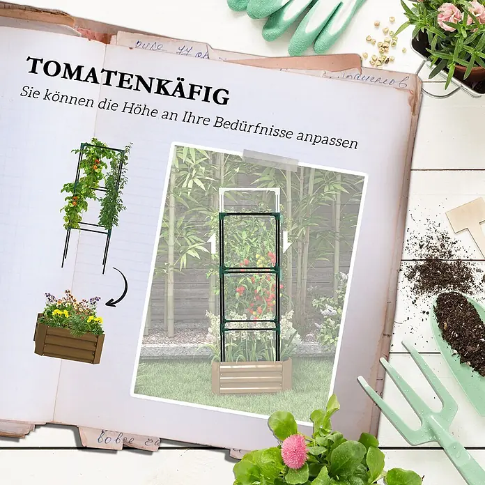 Outsunny Hochbeet - 61 x 61 x 140 cm, Stahl, Braun - Schwarz-grüner modularer Tomatenkäfig mit wachsenden Tomaten, der verstellbare Höhe und Vielseitigkeit als Pflanzgefäß zeigt.
