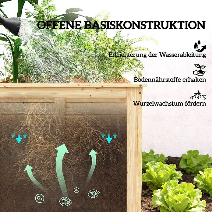 Outsunny Hochbeet - 152 x 77 x 77 cm, Holz, Naturholz - Hölzernes Hochbeet mit offener Basis fördert Entwässerung, Nährstofferhalt und starkes Wurzelwachstum. Gezeigt mit bewässerten Pflanzen.
