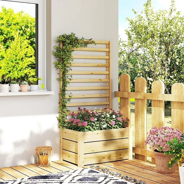 Furnicato Hochbeet - 120 x 39 x 120 cm, Holz, Naturholz - Pflanzkasten aus Holz mit Spalier für Kletterpflanzen, gefüllt mit rosa und weißen Blumen, auf sonniger Terrasse.