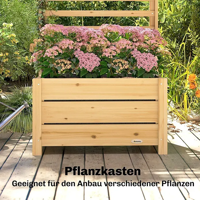 Furnicato Hochbeet - 120 x 39 x 120 cm, Holz, Naturholz - Hölzerner Pflanzkasten gefüllt mit rosa Blumen, in einem grünen Garten.
