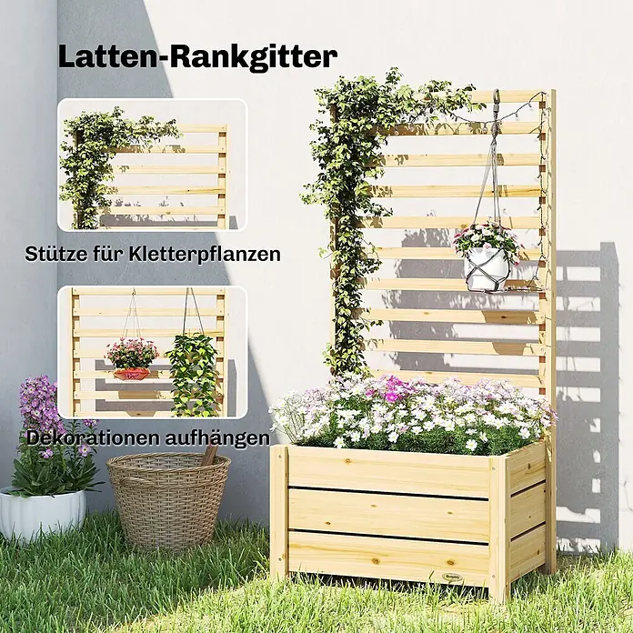 Furnicato Hochbeet - 120 x 39 x 120 cm, Holz, Naturholz - Hölzerner Pflanzkasten mit integriertem Rankgitter, gefüllt mit Blumen, als Kletterhilfe und zum Aufhängen von Dekorationen.