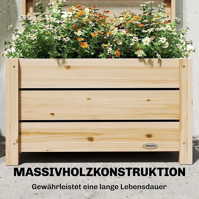 Furnicato Hochbeet - 120 x 39 x 120 cm, Holz, Naturholz - Pflanzkasten aus hellem Massivholz, gefüllt mit weißen und orangen Blumen, ideal für Garten und Terrasse.