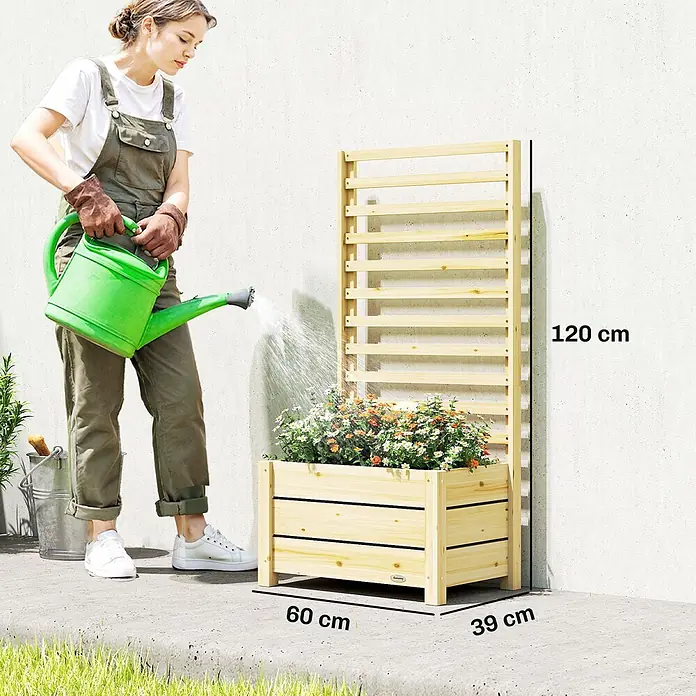 Outsunny Hochbeet - 60 x 39 x 120 cm, Holz, Naturholz - Hölzerner Pflanzkasten mit integriertem Spalier, 120x60x39 cm, mit blühenden Blumen.