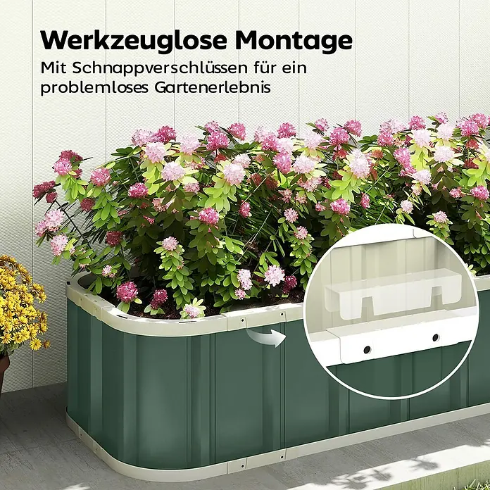 Furnicato Hochbeet - 136 x 136 x 31 cm, Verbundwerkstoff, Grün - Grünes Hochbeet mit hellen Kanten und Schnappverschlüssen für einfache, werkzeuglose Montage, gefüllt mit rosa Blumen.