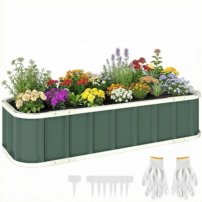 Outsunny Hochbeet - 136 x 52 x 31 cm, Stahl, Grün - Dunkelgrünes Metall-Hochbeet mit bunten Blumen, weißen Pflanzenmarkern und Gartenhandschuhen.