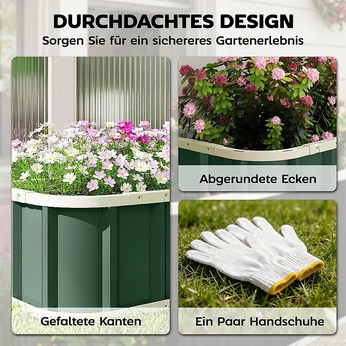 Furnicato Hochbeet - 136 x 136 x 31 cm, Verbundwerkstoff, Grün - Grünes Metall-Hochbeet mit weißen abgerundeten Oberkanten und gefalteten Sicherheitskanten, mit weißen Gartenhandschuhen.