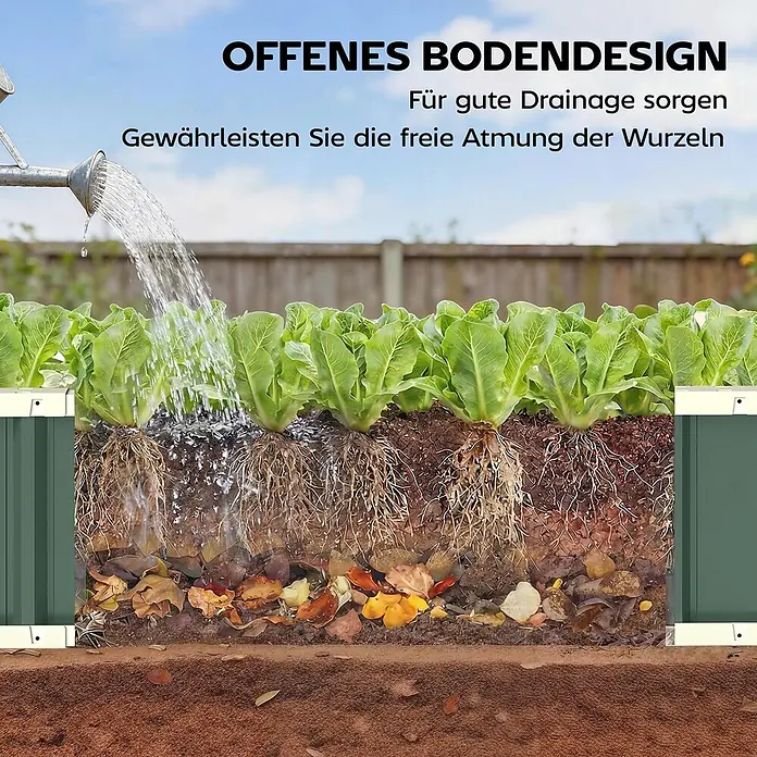 Furnicato Hochbeet - 136 x 136 x 31 cm, Verbundwerkstoff, Grün - Hochbeet mit offenem Bodendesign, im Querschnitt gezeigt, für gute Drainage und freie Wurzelatmung bei gesunden Pflanzen.
