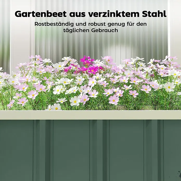 Furnicato Hochbeet - 136 x 136 x 31 cm, Verbundwerkstoff, Grün - Dunkelgrünes Hochbeet aus verzinktem Stahl, gefüllt mit bunten Blumen.