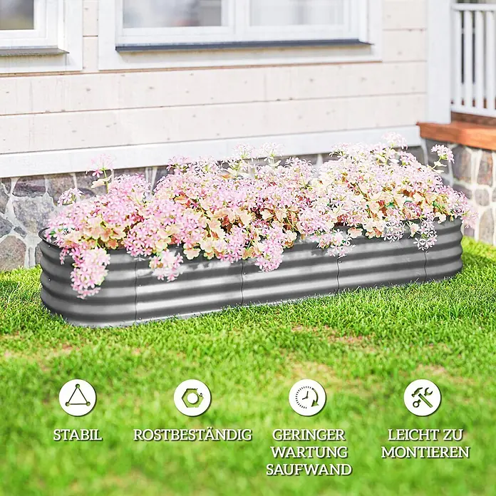 Outsunny Hochbeet - Metall, Silber - Verzinktes Hochbeet aus Metall, silbergrau und geriffelt, bepflanzt mit rosa Blumen im Garten.