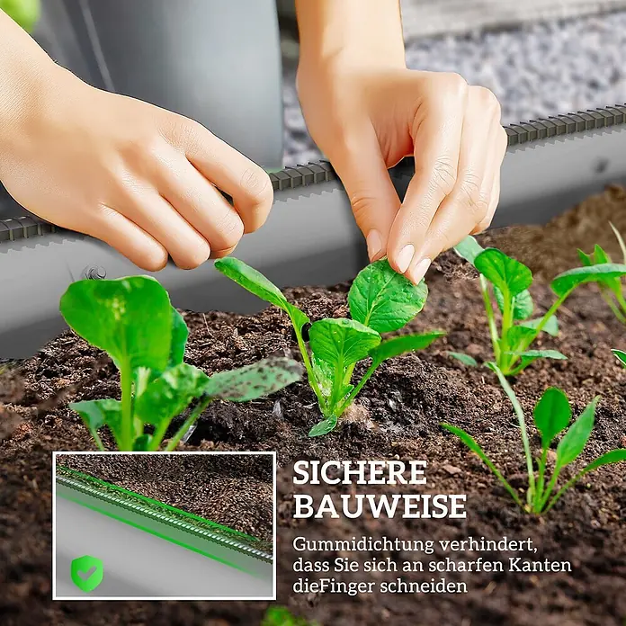 Outsunny Hochbeet - Metall, Silber - Hände pflegen Pflanzen neben einem grauen Hochbeetrand mit grünem Schutzgummi. Eine Detailansicht zeigt die Gummidichtung.