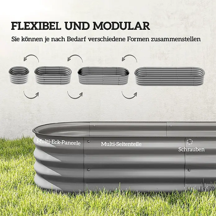Outsunny Hochbeet - Metall, Silber - Dunkelgraues, gewelltes Metall-Hochbeet, modular und flexibel, zeigt verschiedene Montageoptionen und Komponenten.