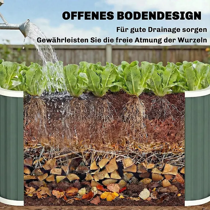 Outsunny Hochbeet - 136 x 53 x 61 cm, Stahl, Grün - Grünes Hochbeet mit offenem Bodendesign, das Schichten für gute Drainage und gesunde Wurzelatmung der Pflanzen zeigt.