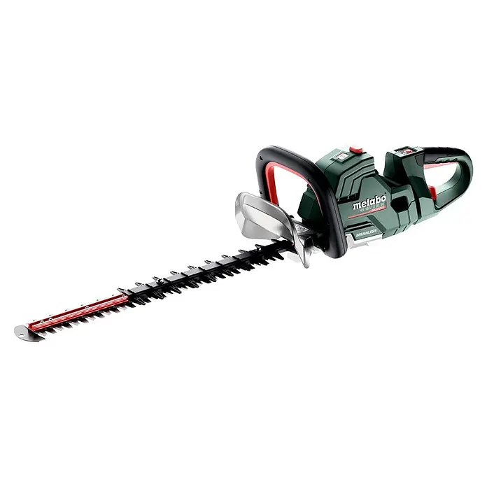 Metabo CAS 18V Akku-Heckenschere HS 18 LTX BL 55 - 18 V, Schnittlänge: 50 cm - Metabo Akku-Heckenschere mit grünem Gehäuse, schwarzen Griffen, roten Akzenten und langem schwarz-roten Schneidblatt.