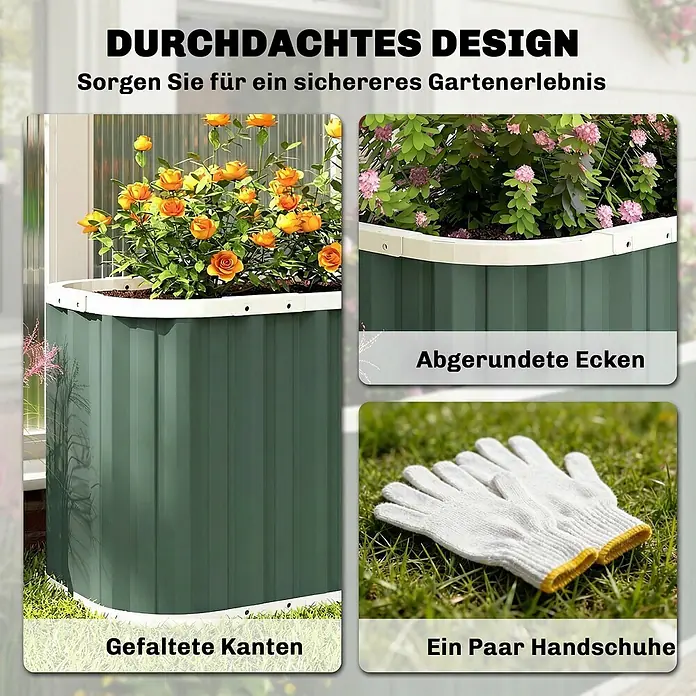 Outsunny Hochbeet - 136 x 53 x 61 cm, Stahl, Grün - Runder, grüner Metall-Hochbeet mit Sicherheitsmerkmalen und Handschuhen.