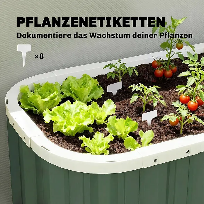 Outsunny Hochbeet - 136 x 53 x 61 cm, Stahl, Grün - Weiße T-förmige Pflanzenetiketten in einem Hochbeet mit Salat- und Tomatenpflanzen, ein Set von 8.