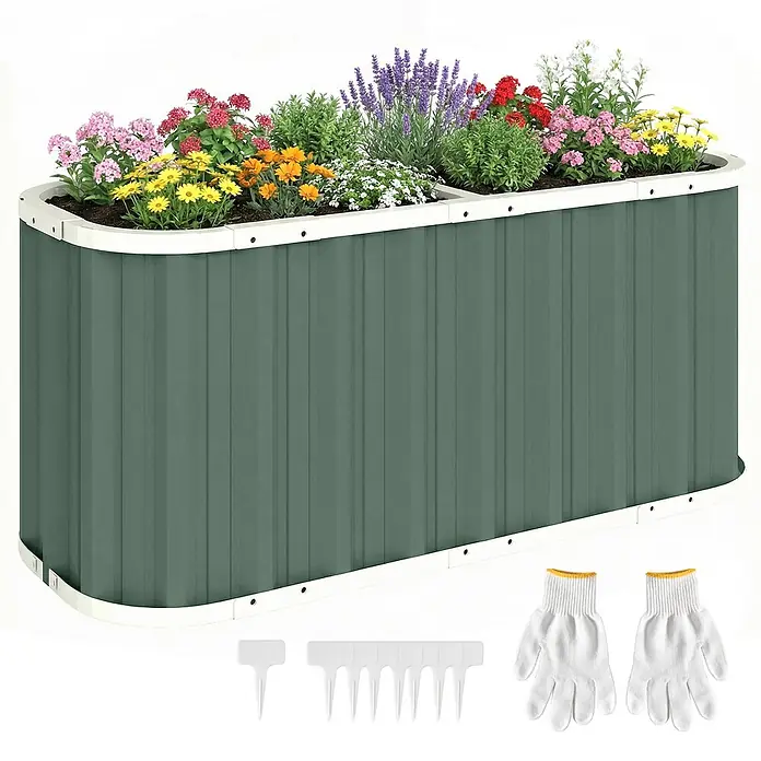 Outsunny Hochbeet - Stahl, Grün - Grünes Hochbeet aus Metall mit bunten Blumen, weißen Gartenhandschuhen und Pflanzensteckern.