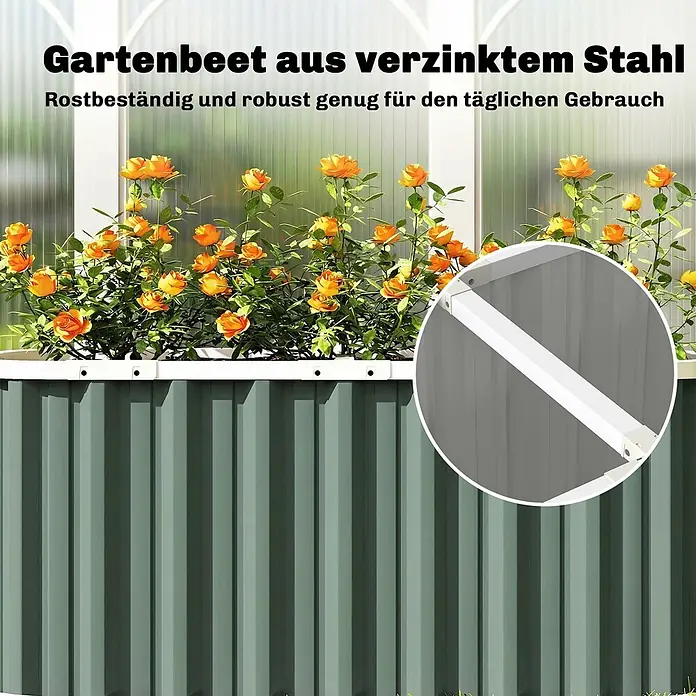 Outsunny Hochbeet - 136 x 53 x 61 cm, Stahl, Grün - Grünes Hochbeet aus verzinktem Stahl, rostbeständig und robust, gefüllt mit orangen Rosen.