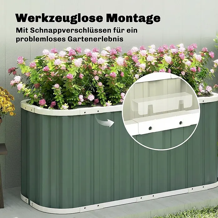 Outsunny Hochbeet - 136 x 53 x 61 cm, Stahl, Grün - Großes, gebogenes grünes Hochbeet mit rosa Blumen, das eine werkzeuglose Schnappmontage im Detail zeigt.