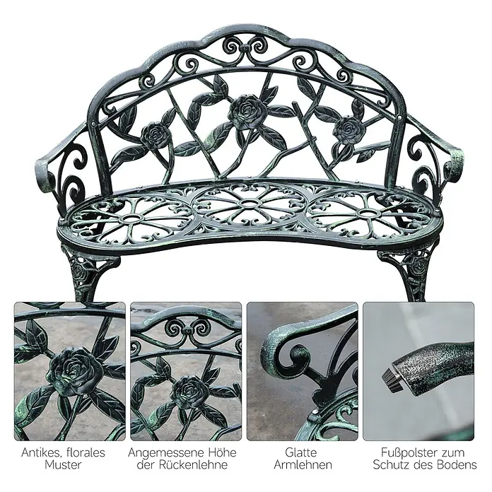 Outsunny Gartenbank - Gussaluminium, Gusseisen, Antik Grün - Antike grüne Gartenbank aus Metall mit floralem Rosenmuster und glatten Armlehnen.