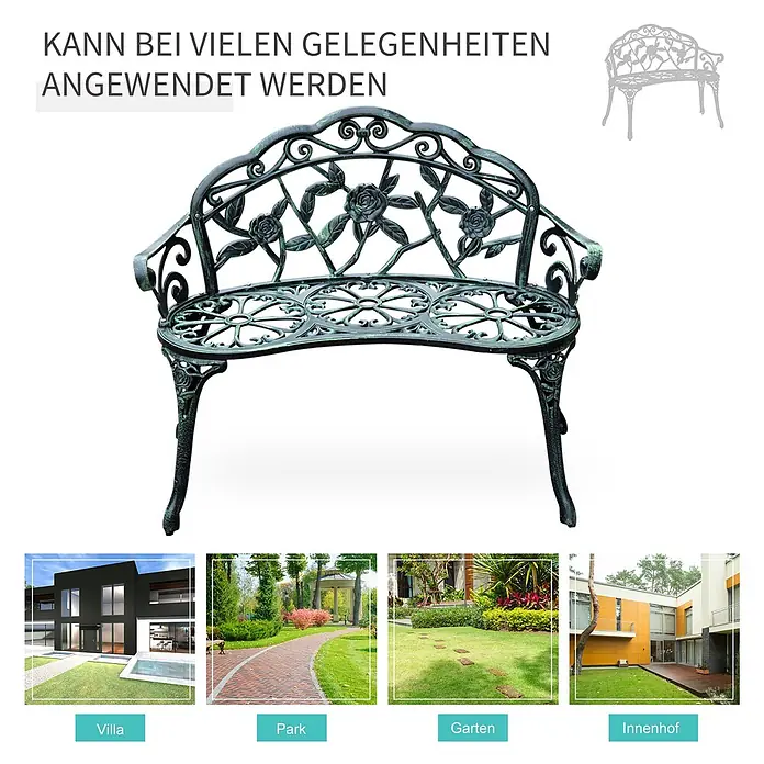 Outsunny Gartenbank - Gussaluminium, Gusseisen, Antik Grün - Dekorative antikgrüne Metallgartenbank mit filigranem Rosenmuster.