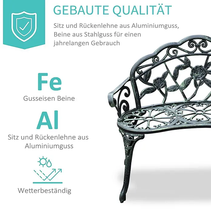 Outsunny Gartenbank - Gussaluminium, Gusseisen, Antik Grün - Dunkelgrüne Gartenbank aus Gusseisen und Aluminiumguss mit floralen Mustern. Wetterbeständig und langlebig.