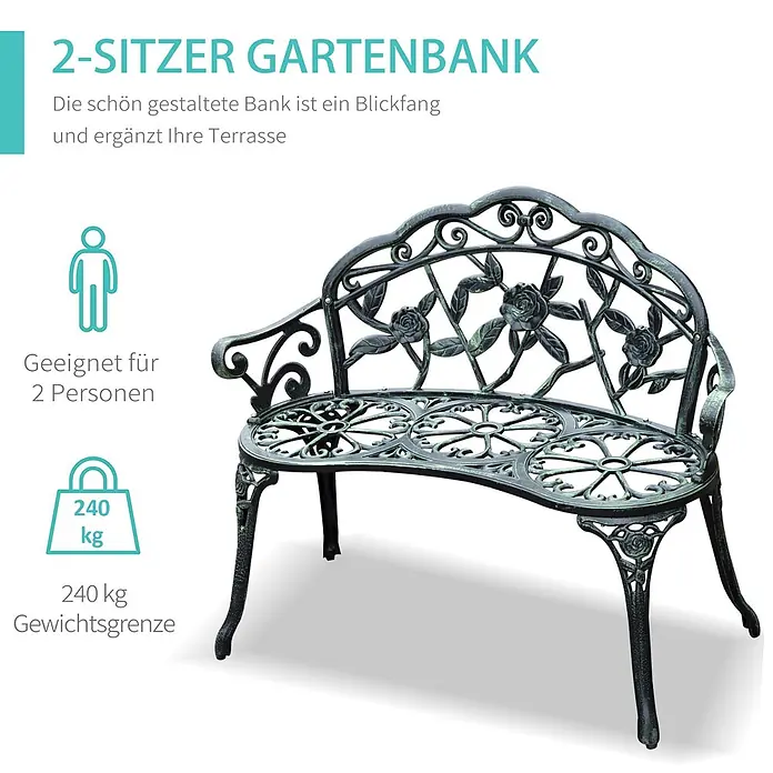 Outsunny Gartenbank - Gussaluminium, Gusseisen, Antik Grün - 2-sitzige Gartenbank aus dunkelgrünem, kunstvoll verziertem Metall mit Rosenmotiven.