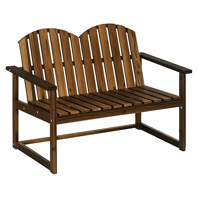 Outsunny Gartenbank - Tannenholz, Verkohlt - Dunkelbraune Holz-Zweisitzer-Gartenbank mit Lattenrostsitz und -lehne.