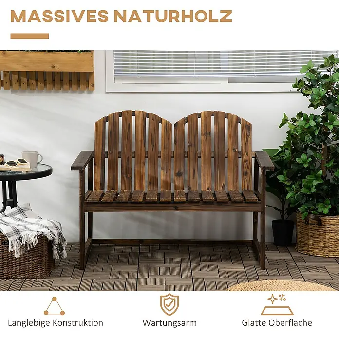Outsunny Gartenbank - Tannenholz, Verkohlt - Dunkelbraune massive Naturholz-Zweisitzer-Bank für den Außenbereich.