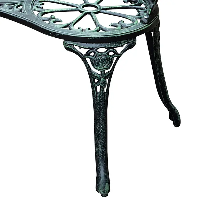 Outsunny Gartenbank - Gussaluminium, Gusseisen, Antik Grün - Verzierte dunkelgrüne Gusseisen-Tischbein mit Rosendekor und gescrollter Platte.