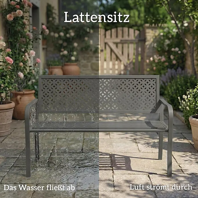 Furnicato Gartenbank pulverbeschichtet - B x T x H: 61 x 127 x 85 cm, Stahl, Dunkelgrau - Dunkelgraue Metall-Gartenbank im Garten, zeigt Wasserablauf und Luftzirkulation durch die Lamellen.