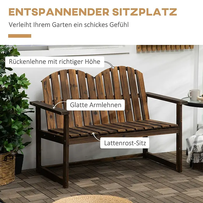 Outsunny Gartenbank - Tannenholz, Verkohlt - Dunkelbraune Gartenbank aus Holz mit Lattenrostsitz, glatten Armlehnen und stützender Rückenlehne.