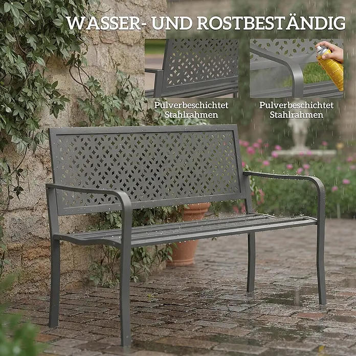 Furnicato Gartenbank pulverbeschichtet - B x T x H: 61 x 127 x 85 cm, Stahl, Dunkelgrau - Graue, pulverbeschichtete Stahlgartenbank mit dekorativen Mustern, regen- und rostbeständig im Garten.