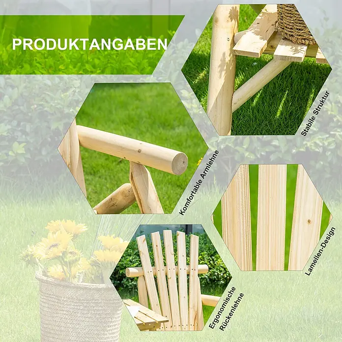 Outsunny Gartenbank - Tanne, Naturholz - Heller Holz-Gartenstuhl mit sechseckigen Ausschnitten, die die stabile Konstruktion, komfortable Armlehnen und ergonomische Rückenlehne hervorheben.