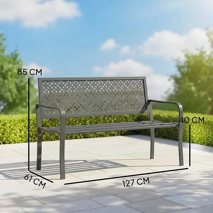 Outsunny Gartenbank - Stahl, Dunkelgrau - Graue Metallgartenbank mit dekorativer Lehne. Maße: 127 cm B, 61 cm T, 85 cm H. Sitzhöhe 40 cm.