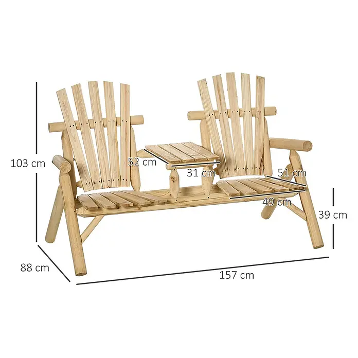 Outsunny Gartenbank - Tanne, Naturholz - Natürliche Holzgartenbank für zwei Personen mit integriertem Mitteltisch.