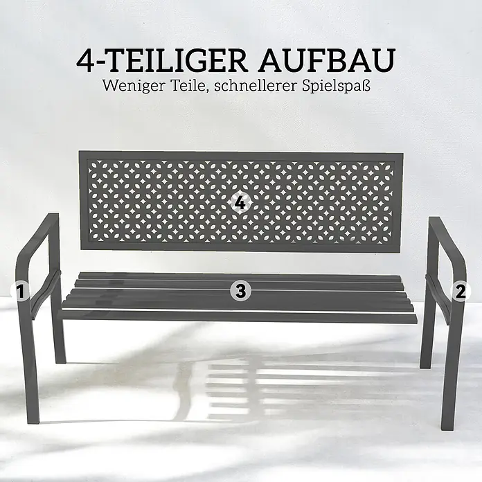 Furnicato Gartenbank pulverbeschichtet - B x T x H: 61 x 127 x 85 cm, Stahl, Dunkelgrau - Dunkelgraue Gartenbank in 4 Teile zerlegt: zwei Seitenteile, Sitzfläche und Rückenlehne mit Zierrat.